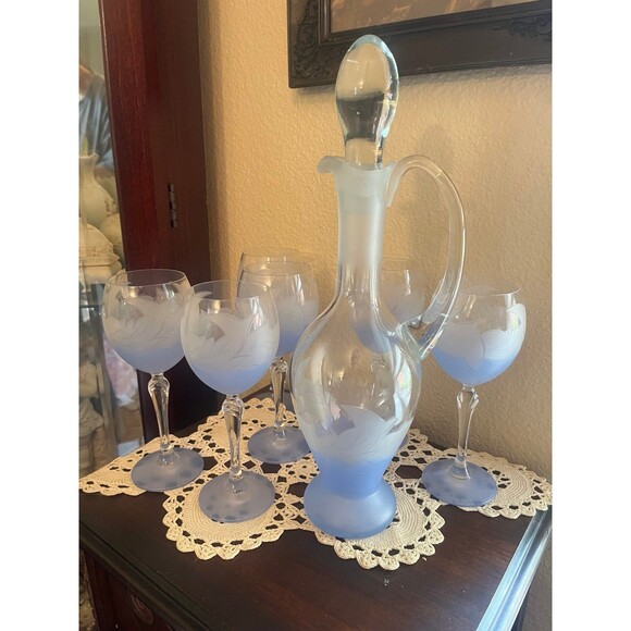 Beautiful Frosted Blue Etched Decanter and Wine Glasses - Picture 8 of 12